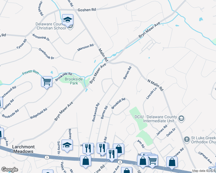 map of restaurants, bars, coffee shops, grocery stores, and more near 136 Rockwood Road in Newtown Square