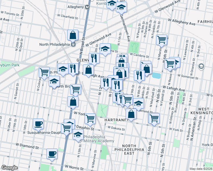map of restaurants, bars, coffee shops, grocery stores, and more near 1119 West Oakdale Street in Philadelphia