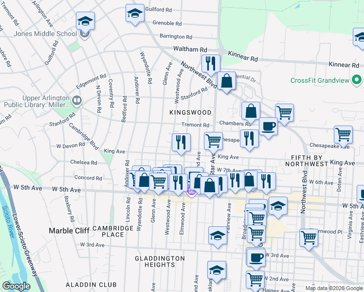 map of restaurants, bars, coffee shops, grocery stores, and more near 1729 Elmwood Avenue in Columbus