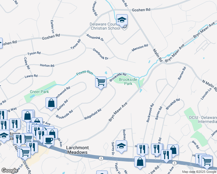 map of restaurants, bars, coffee shops, grocery stores, and more near 162 Ridgefield Road in Newtown Square