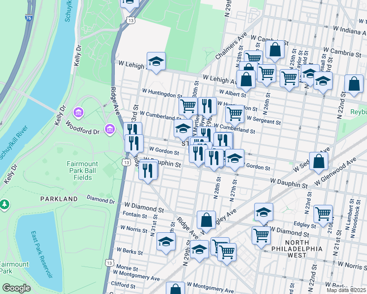map of restaurants, bars, coffee shops, grocery stores, and more near 2332 North 30th Street in Philadelphia