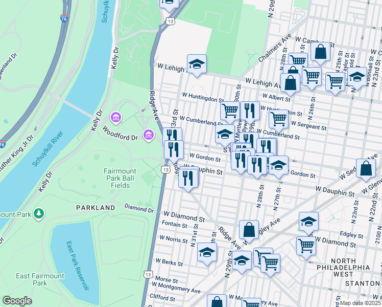 map of restaurants, bars, coffee shops, grocery stores, and more near 2331 North 32nd Street in Philadelphia