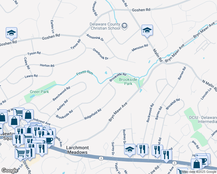 map of restaurants, bars, coffee shops, grocery stores, and more near 162 Ridgefield Road in Newtown Square