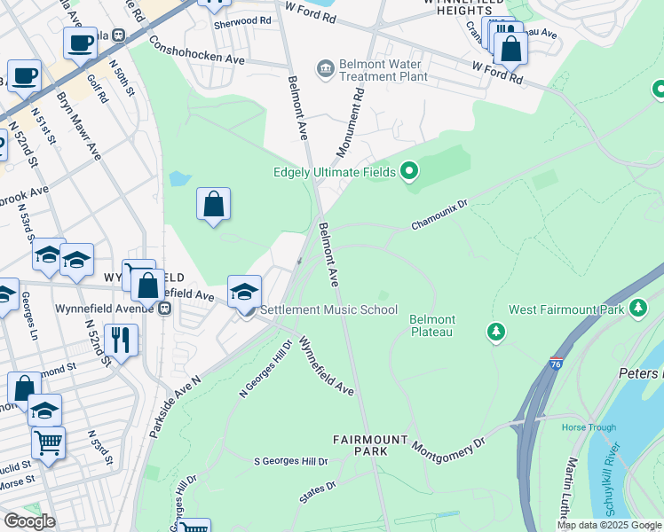 map of restaurants, bars, coffee shops, grocery stores, and more near 1916 Belmont Avenue in Philadelphia