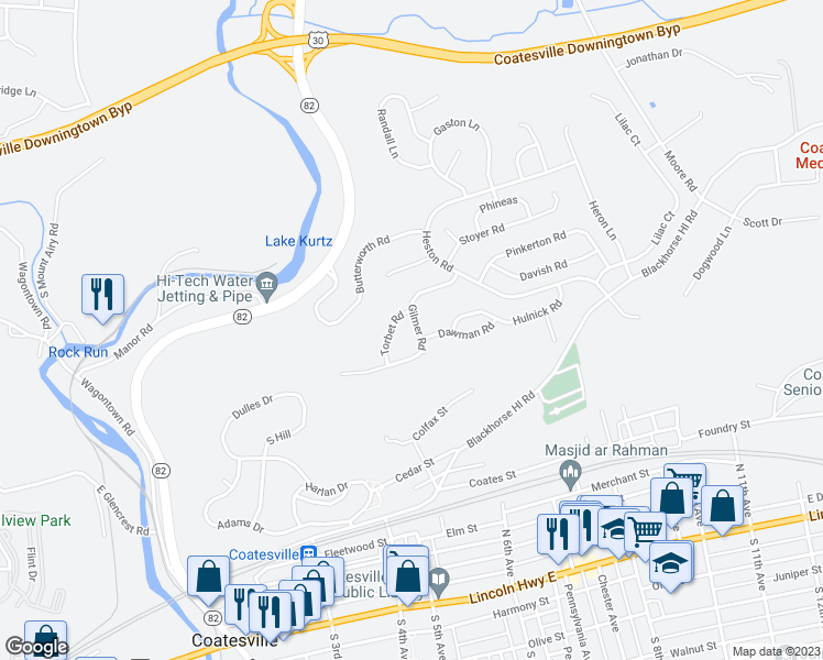 map of restaurants, bars, coffee shops, grocery stores, and more near 309 Gilmer Road in Coatesville