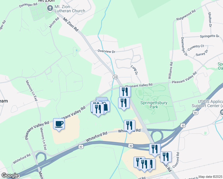 map of restaurants, bars, coffee shops, grocery stores, and more near 2466 Pleasant Valley Road in York