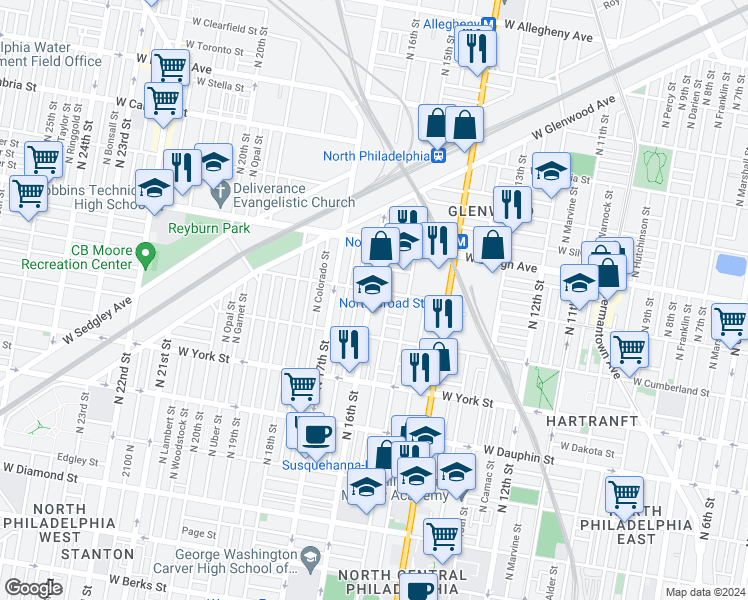 map of restaurants, bars, coffee shops, grocery stores, and more near 2551 North 16th Street in Philadelphia