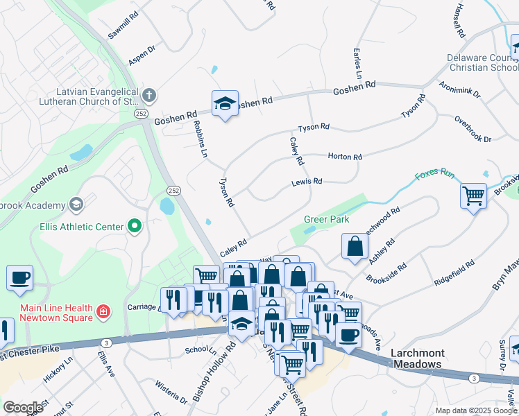 map of restaurants, bars, coffee shops, grocery stores, and more near 3516 Lewis Road in Newtown Square