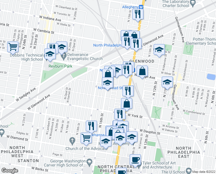 map of restaurants, bars, coffee shops, grocery stores, and more near 2551 North 16th Street in Philadelphia