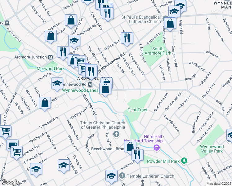 map of restaurants, bars, coffee shops, grocery stores, and more near 2147 Bryn Mawr Place in Ardmore