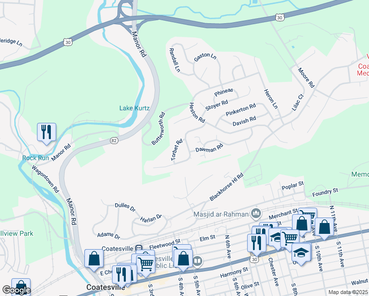 map of restaurants, bars, coffee shops, grocery stores, and more near 309 Gilmer Road in Coatesville