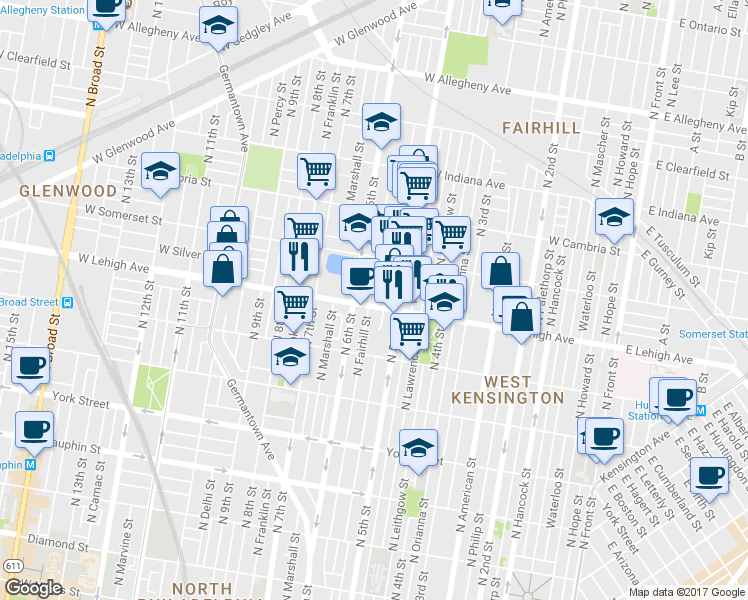 map of restaurants, bars, coffee shops, grocery stores, and more near 2703 North Fairhill Street in Philadelphia