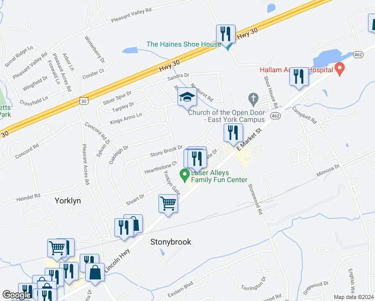 map of restaurants, bars, coffee shops, grocery stores, and more near 3902 Eastgate Drive in York