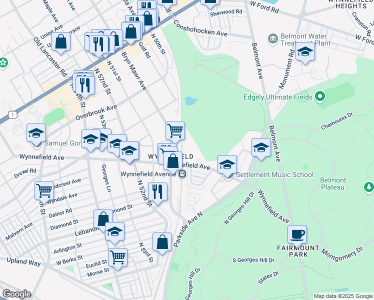 map of restaurants, bars, coffee shops, grocery stores, and more near 5001 Wynnefield Avenue in Philadelphia
