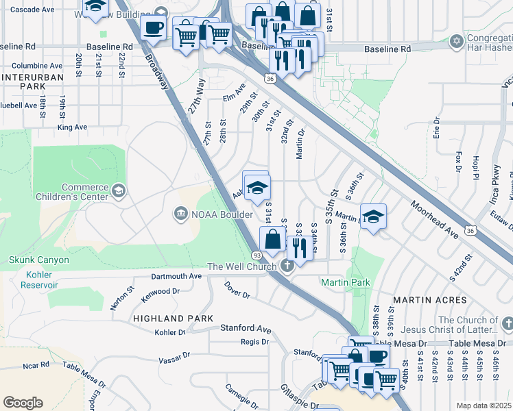 map of restaurants, bars, coffee shops, grocery stores, and more near 3100 Bucknell Court in Boulder