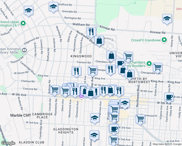 map of restaurants, bars, coffee shops, grocery stores, and more near 1737 North Star Road in Columbus