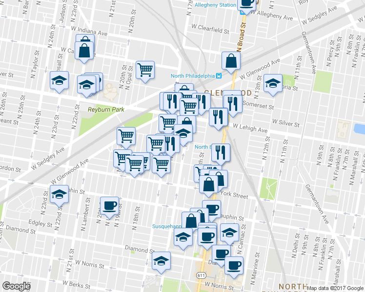 map of restaurants, bars, coffee shops, grocery stores, and more near 2552 North 16th Street in Philadelphia