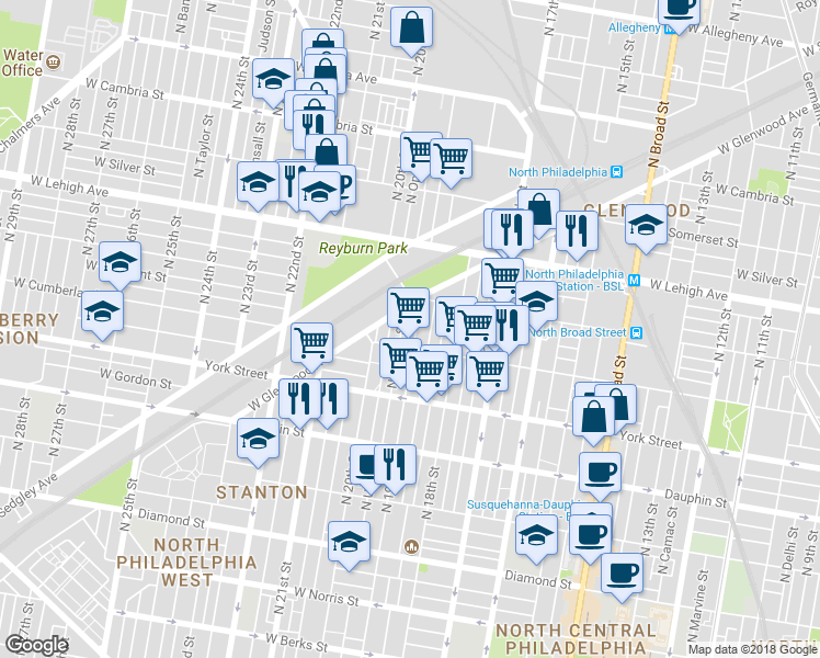 map of restaurants, bars, coffee shops, grocery stores, and more near 2522 North 19th Street in Philadelphia
