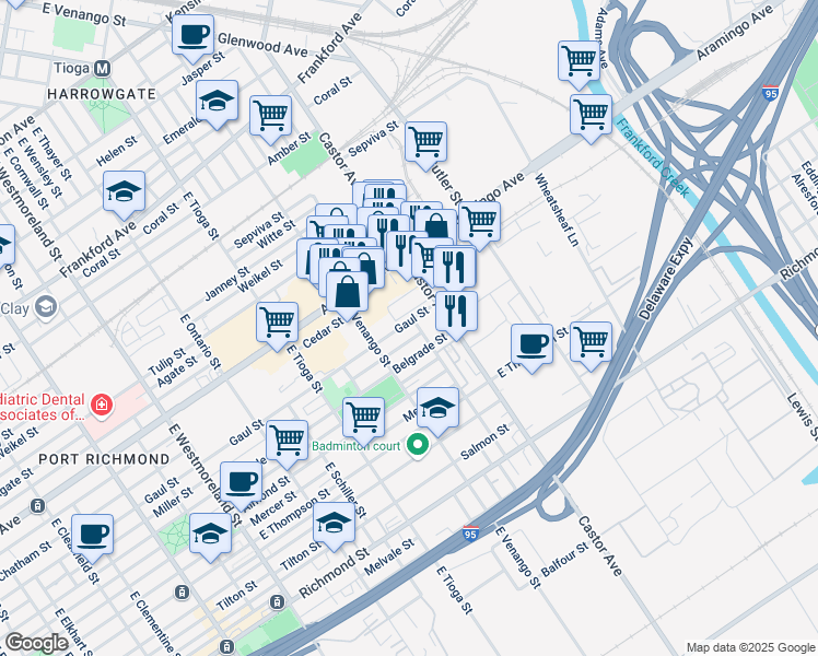 map of restaurants, bars, coffee shops, grocery stores, and more near 2450 Castor Avenue in Philadelphia