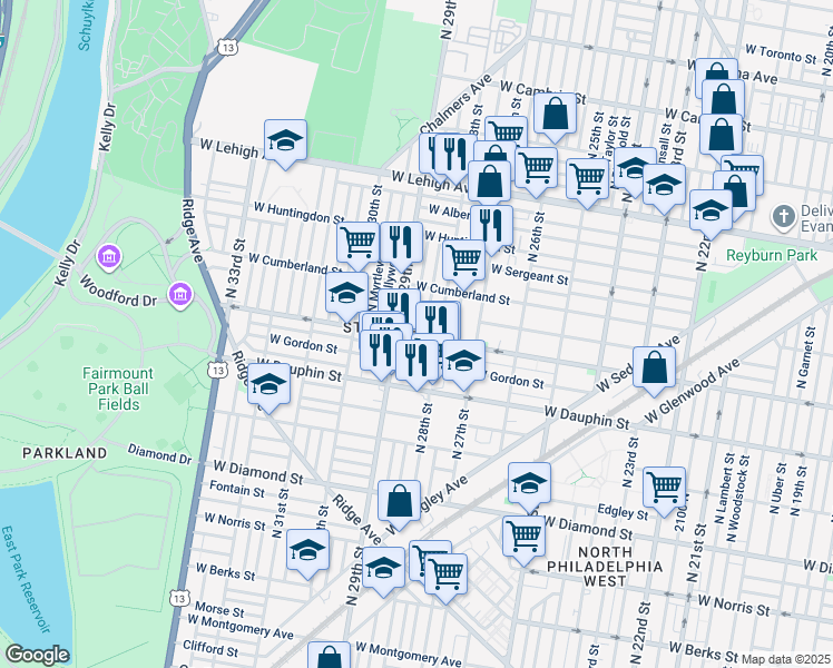 map of restaurants, bars, coffee shops, grocery stores, and more near 2401 North Dover Street in Philadelphia