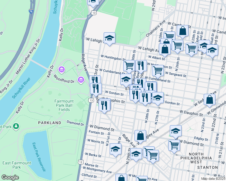 map of restaurants, bars, coffee shops, grocery stores, and more near 3114 West Arizona Street in Philadelphia