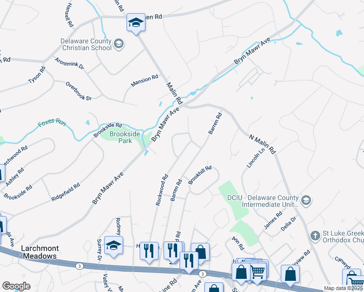 map of restaurants, bars, coffee shops, grocery stores, and more near 136 Rockwood Road in Newtown Square