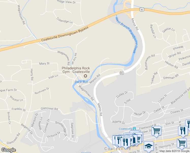 map of restaurants, bars, coffee shops, grocery stores, and more near 1048 Manor Road in Coatesville