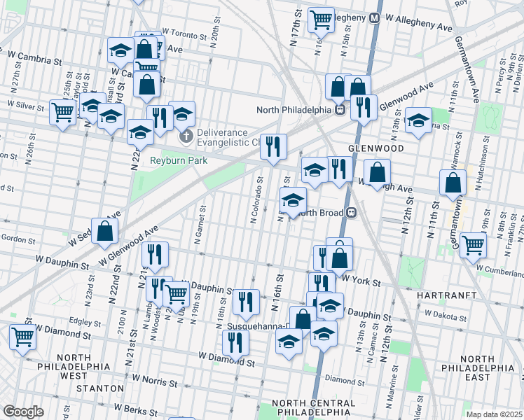 map of restaurants, bars, coffee shops, grocery stores, and more near 2542 North 17th Street in Philadelphia