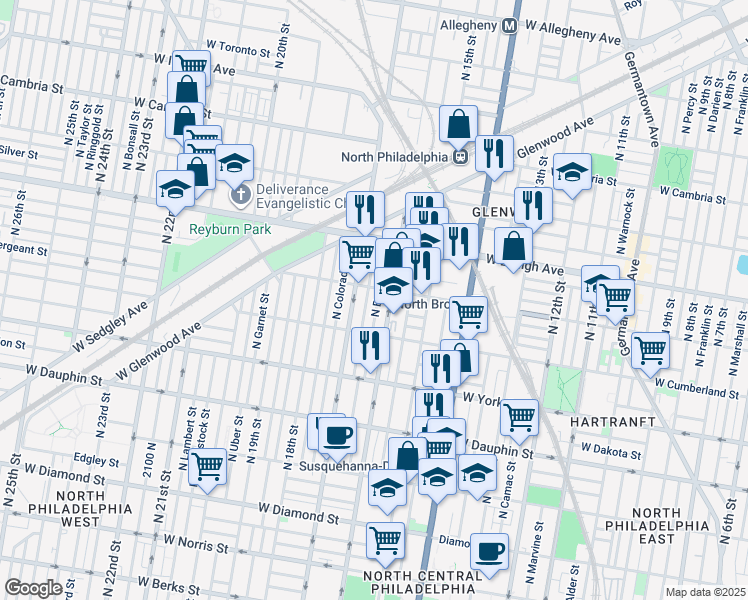 map of restaurants, bars, coffee shops, grocery stores, and more near 2552 North Bancroft Street in Philadelphia