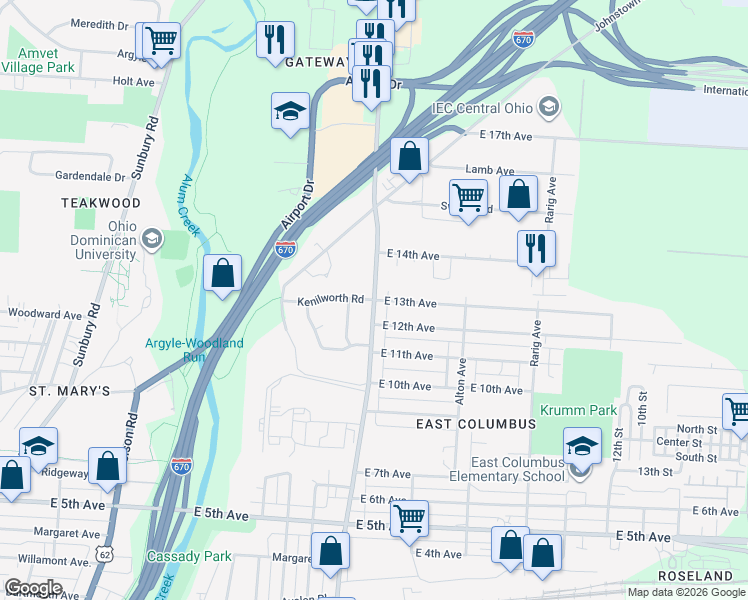 map of restaurants, bars, coffee shops, grocery stores, and more near N Cassady Ave & E 13th Ave in Columbus