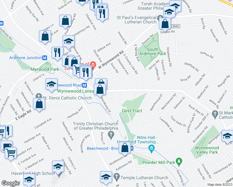 map of restaurants, bars, coffee shops, grocery stores, and more near 2130 Haverford Road in Ardmore