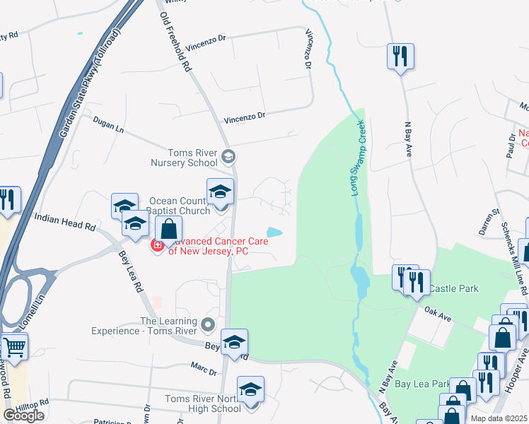 map of restaurants, bars, coffee shops, grocery stores, and more near 148 Golf View Boulevard in Toms River