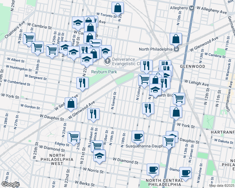 map of restaurants, bars, coffee shops, grocery stores, and more near 2522 North 19th Street in Philadelphia
