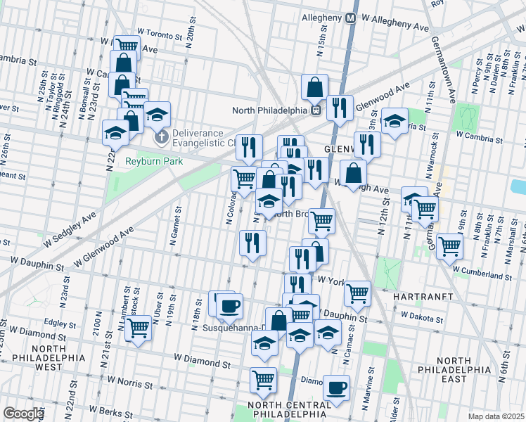 map of restaurants, bars, coffee shops, grocery stores, and more near 2556 North 16th Street in Philadelphia