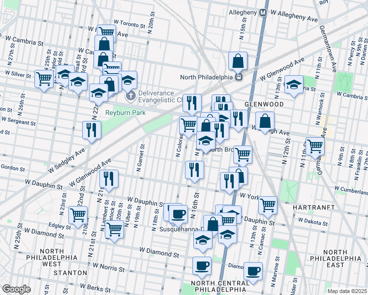 map of restaurants, bars, coffee shops, grocery stores, and more near 2542 North 17th Street in Philadelphia