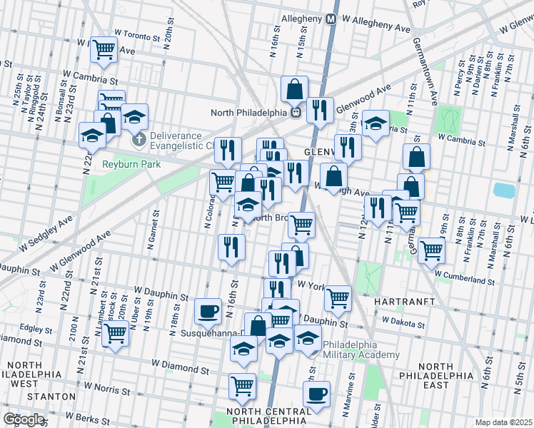 map of restaurants, bars, coffee shops, grocery stores, and more near 1510 West Huntingdon Street in Philadelphia