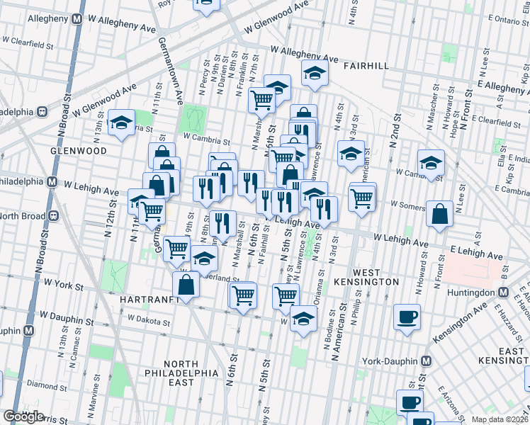 map of restaurants, bars, coffee shops, grocery stores, and more near 537 West Lehigh Avenue in Philadelphia