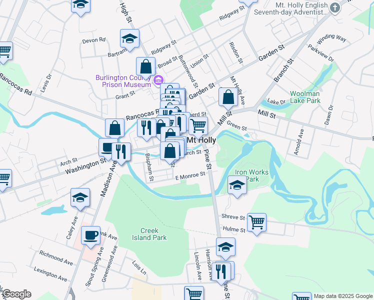 map of restaurants, bars, coffee shops, grocery stores, and more near 32 Mill Street in Mount Holly