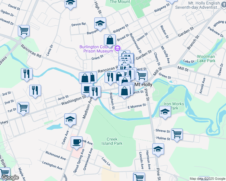 map of restaurants, bars, coffee shops, grocery stores, and more near 35 Washington Street in Mount Holly