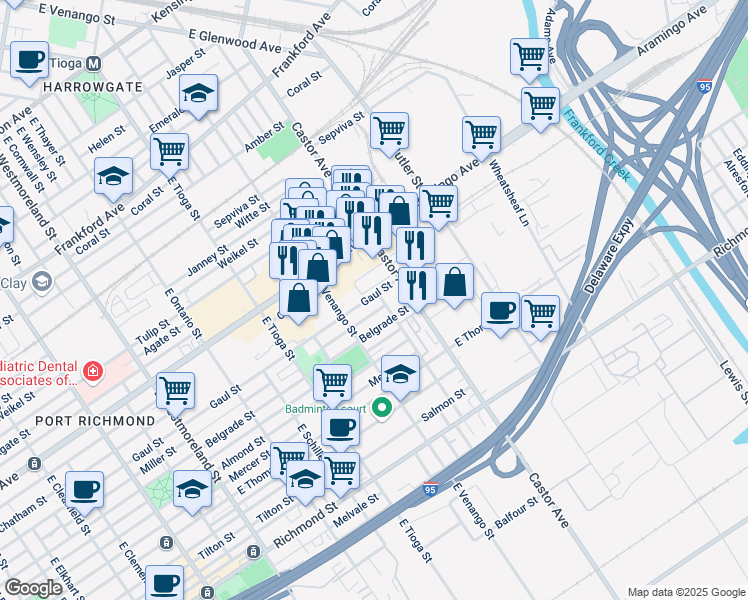 map of restaurants, bars, coffee shops, grocery stores, and more near 2450 Castor Avenue in Philadelphia