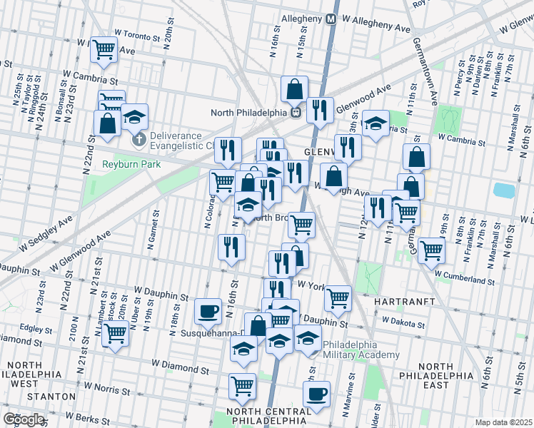 map of restaurants, bars, coffee shops, grocery stores, and more near 1510 West Huntingdon Street in Philadelphia