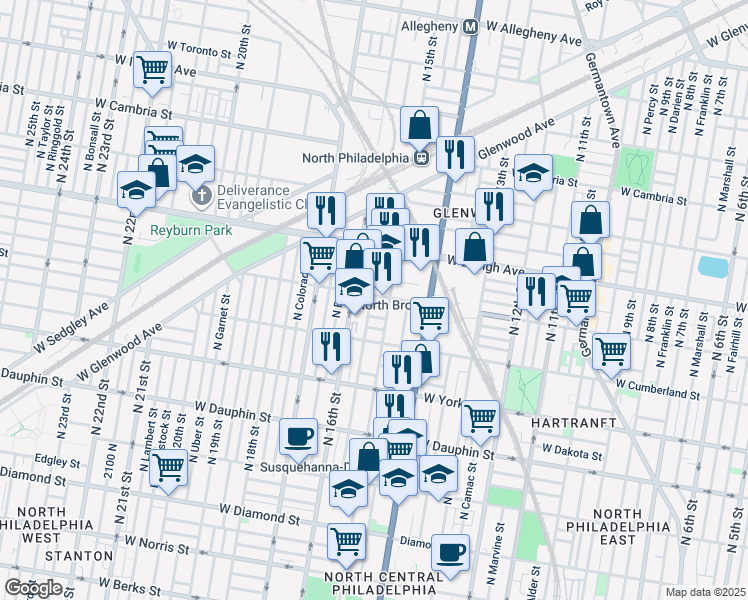 map of restaurants, bars, coffee shops, grocery stores, and more near 2561 North Sydenham Street in Philadelphia
