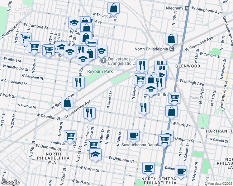 map of restaurants, bars, coffee shops, grocery stores, and more near 2527 North 19th Street in Philadelphia