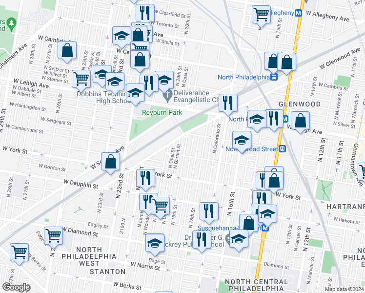 map of restaurants, bars, coffee shops, grocery stores, and more near 2551 North Garnet Street in Philadelphia