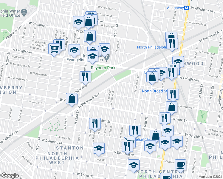 map of restaurants, bars, coffee shops, grocery stores, and more near 2546 North Garnet Street in Philadelphia