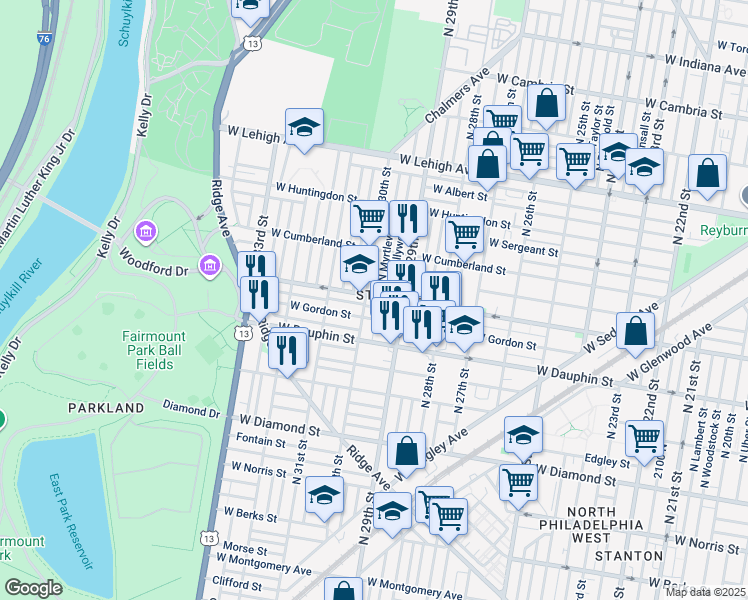 map of restaurants, bars, coffee shops, grocery stores, and more near 2944 West York Street in Philadelphia