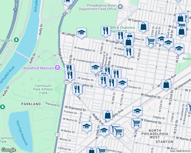 map of restaurants, bars, coffee shops, grocery stores, and more near 2411 North Corlies Street in Philadelphia