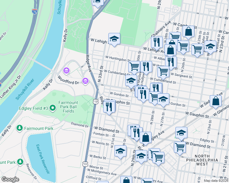 map of restaurants, bars, coffee shops, grocery stores, and more near 3200 West York Street in Philadelphia