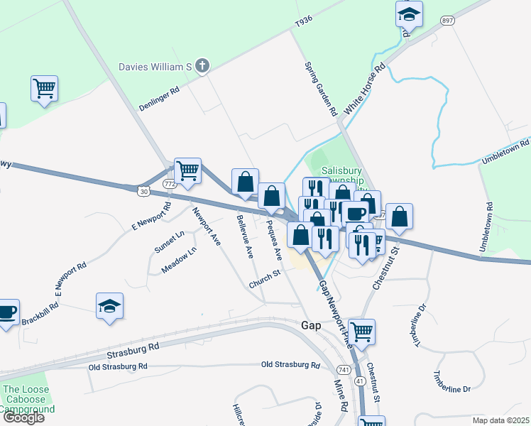 map of restaurants, bars, coffee shops, grocery stores, and more near 5306 Lincoln Highway in Gap