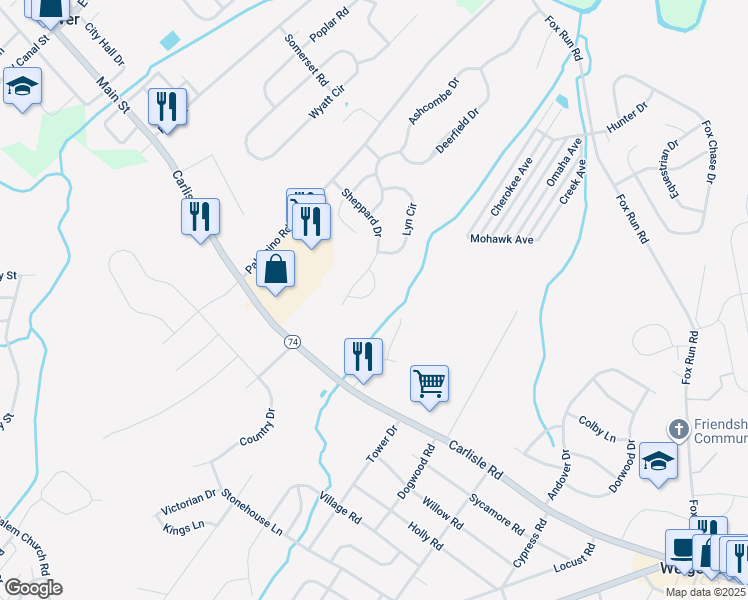 map of restaurants, bars, coffee shops, grocery stores, and more near 2025 Shaffer Circle in Dover